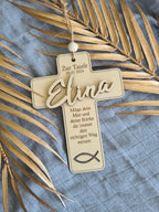 Holzkreuz zur Taufe, Kommunion, Firmung - Fisch Mut