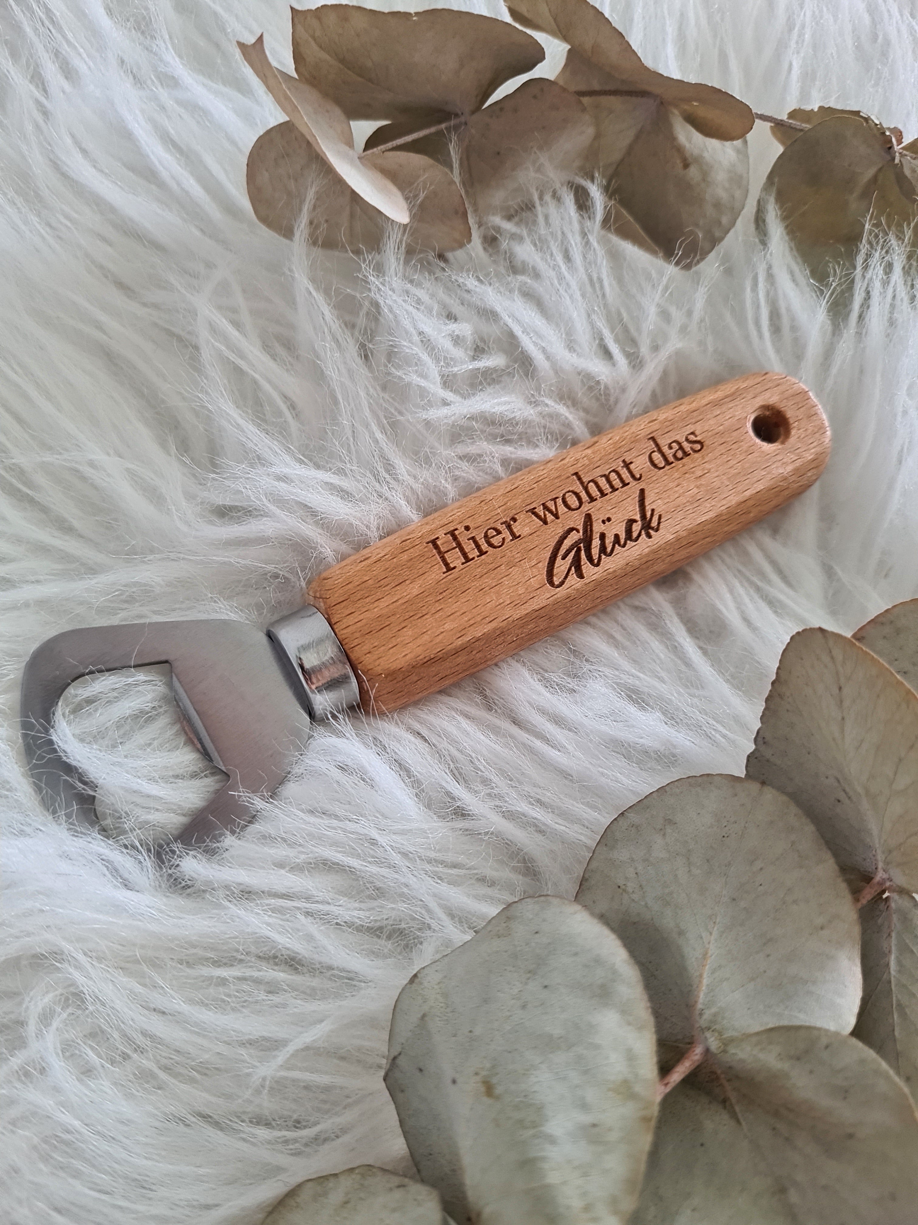 Flaschenöffner Buche - Hier wohnt das Glück