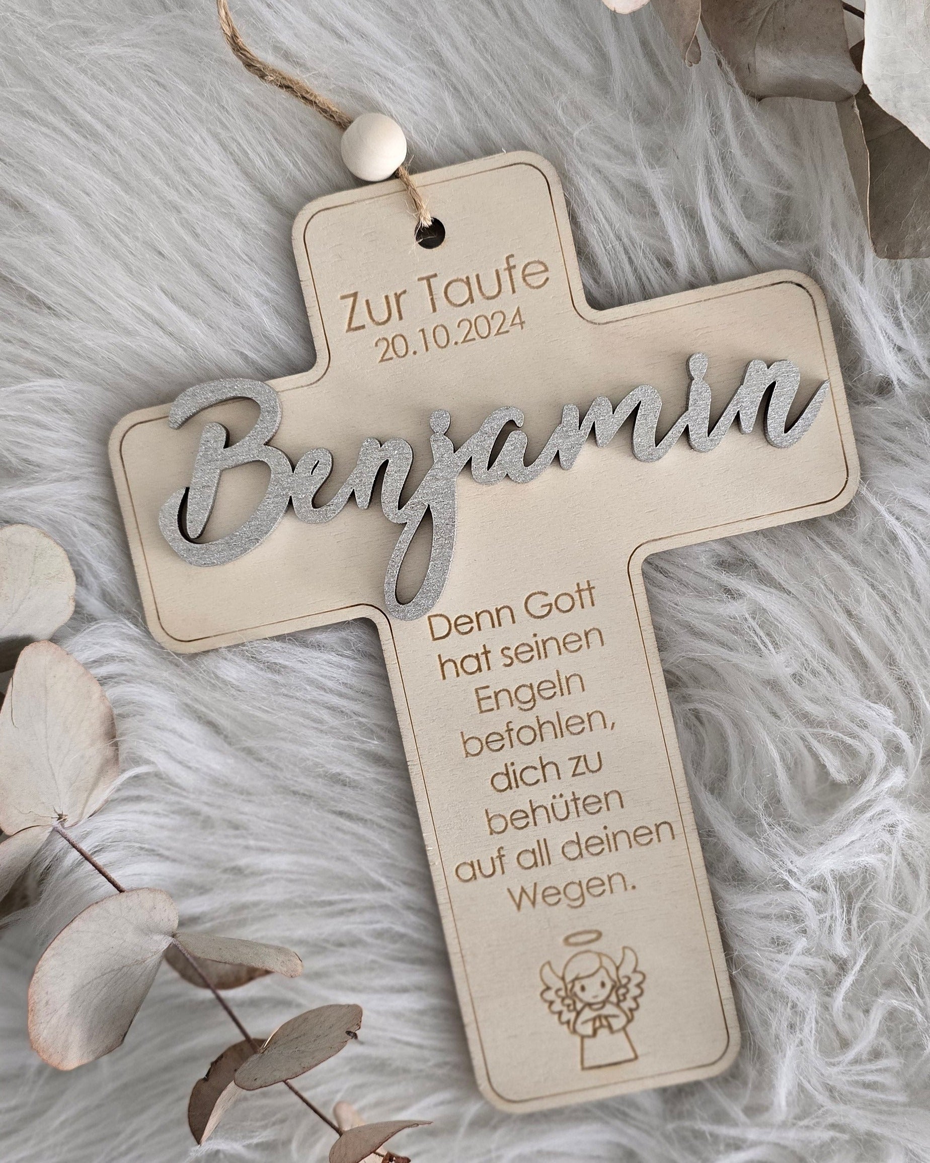 Holzkreuz zur Taufe, Kommunion, Firmung - Engel