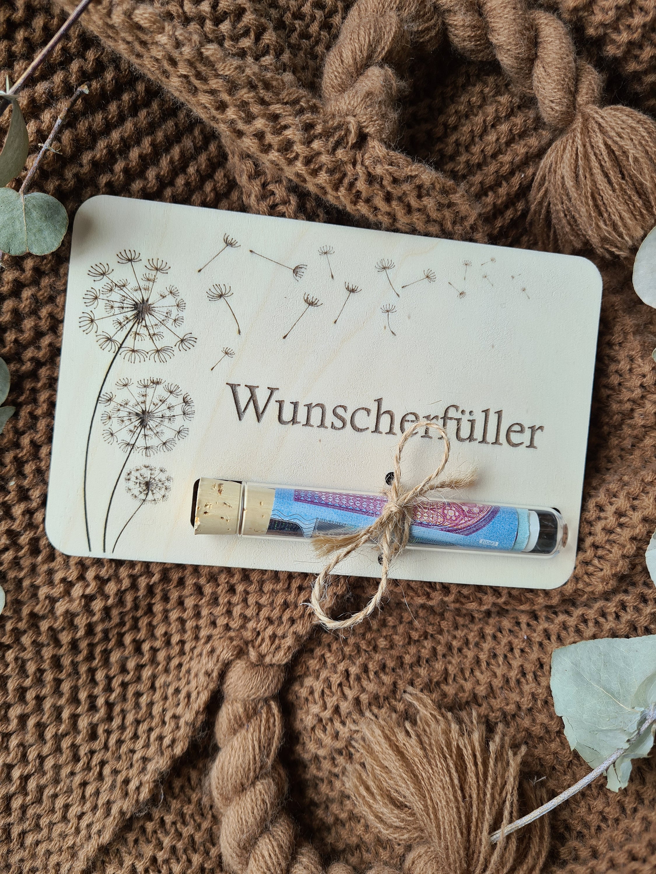 Geldgeschenkkarte mit Reagenzglas - Wünscherfüller Pusteblume